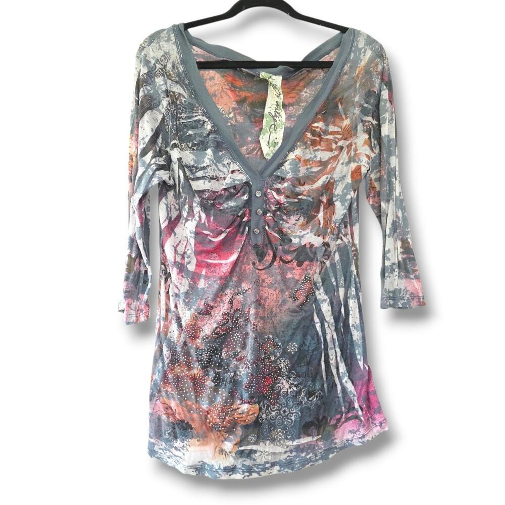 Code Vintage Women's XL Henley Top Sheer Crystal Top Gray Y2K Whimsy Butterfly